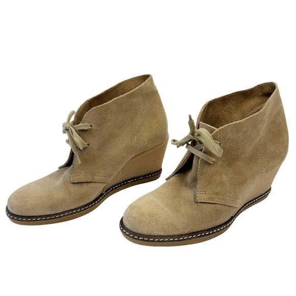 J. Crew Tan Suede Leather Made in Italy Lace Up Wedge Heel Booties Sz 7 Preppy - Picture 1 of 11